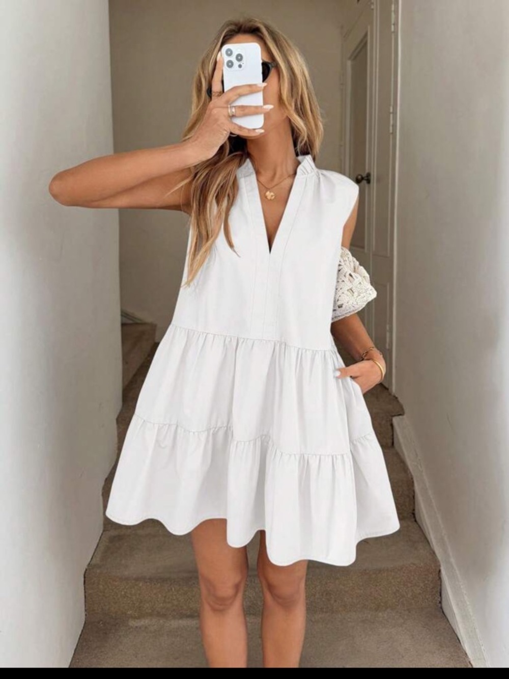 Emery Rose Sleeveless White Tiered Poplin Dress M